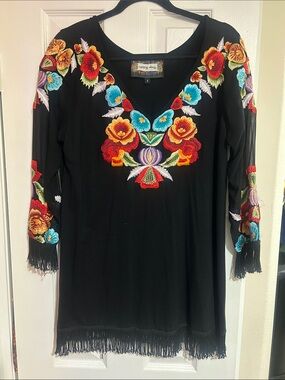 Black Embroidered Floral Tunic with Fringe vintage collection